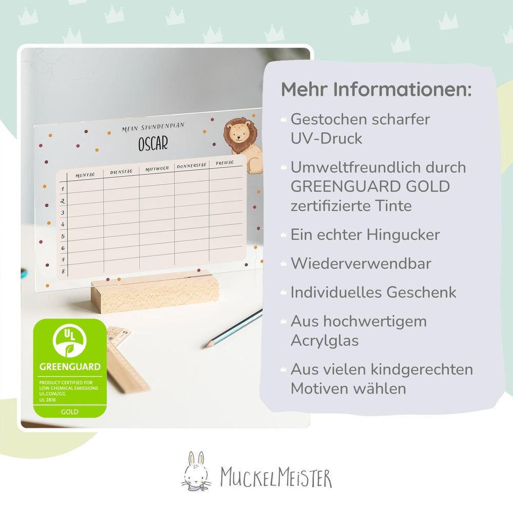 Personalisierter Stundenplan zur Einschulung aus Acryl mit Namen – Muckelfreunde - Muckelmeister