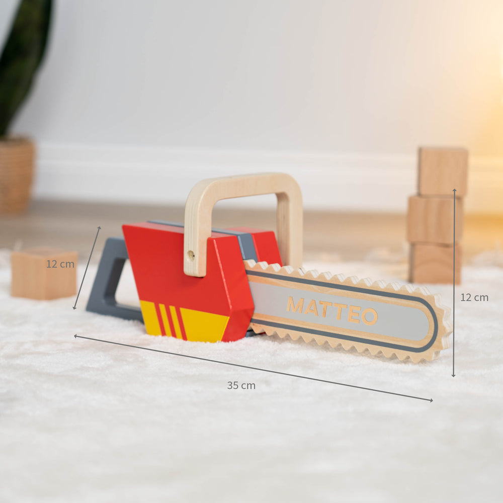 Kettensäge Spielzeug aus Holz personalisiert - Muckelmeister
