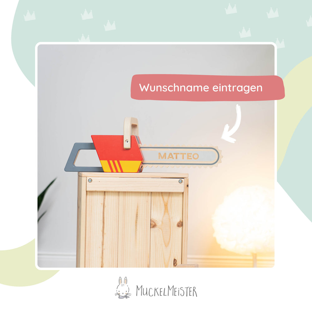 Kettensäge Spielzeug aus Holz personalisiert - Muckelmeister