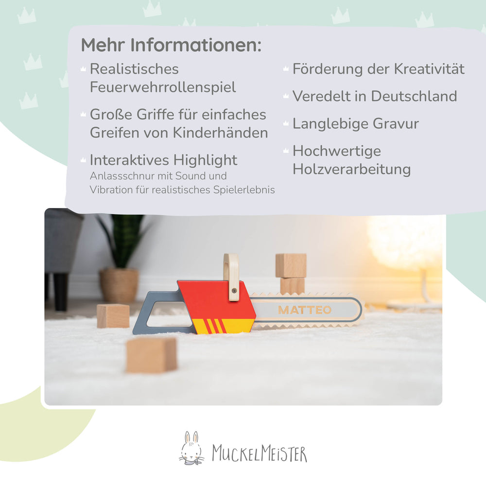 Kettensäge Spielzeug aus Holz personalisiert - Muckelmeister