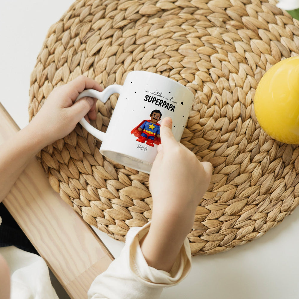 Personalisierte Tasse mit Herzhenkel- Supermama Superpapa - Muckelmeister