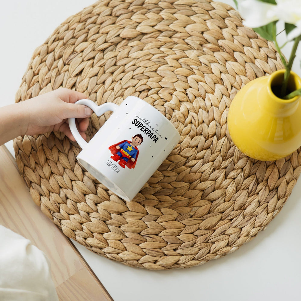 Personalisierte Tasse mit Herzhenkel- Supermama Superpapa - Muckelmeister