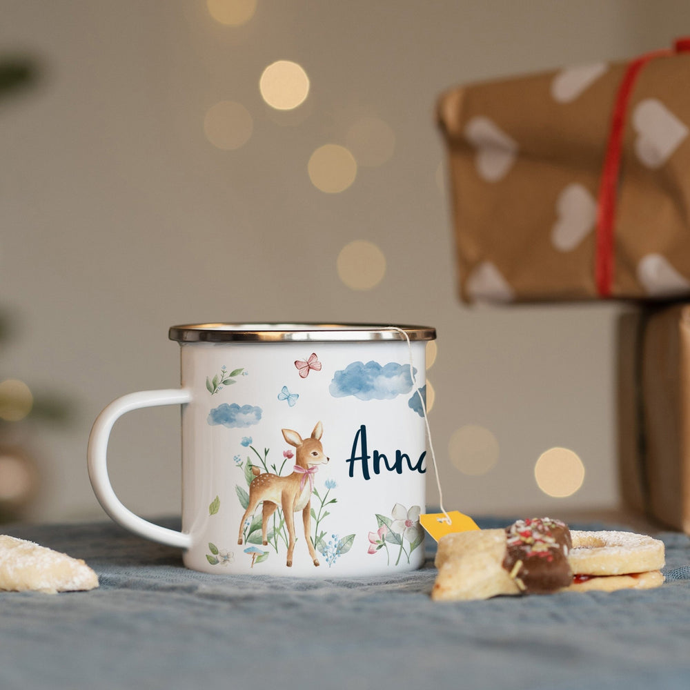Personalisierte Emallie Tasse - Rehkitz - Muckelmeister