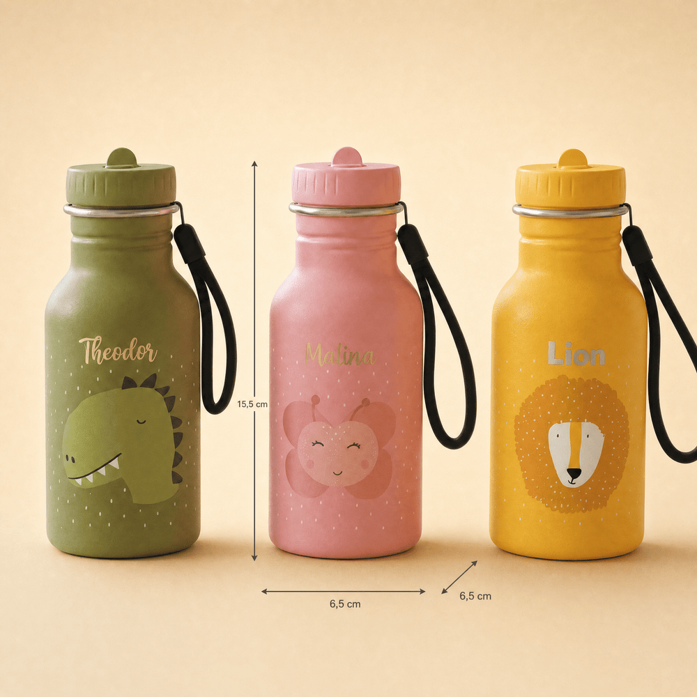 TRIXIE Trinkflasche personalisiert mit Gravur - Löwe, Dino und Schmetterling 350ml - Geschenk zur Einschulung - Muckelmeister