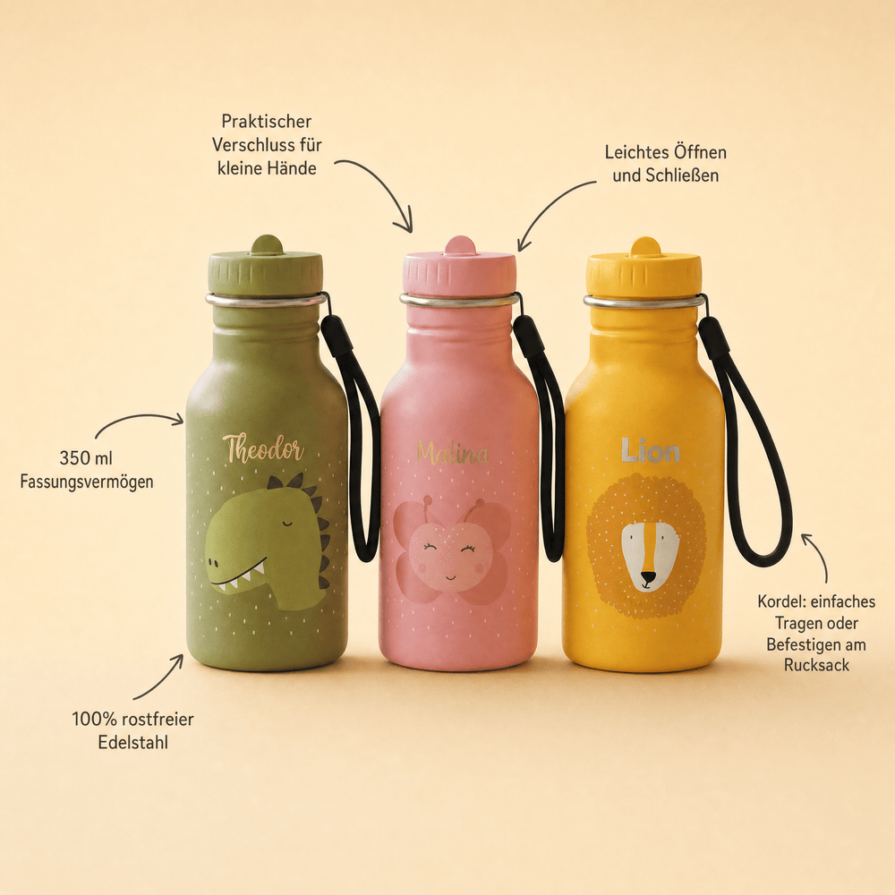 TRIXIE Trinkflasche personalisiert mit Gravur - Löwe, Dino und Schmetterling 350ml - Geschenk zur Einschulung - Muckelmeister