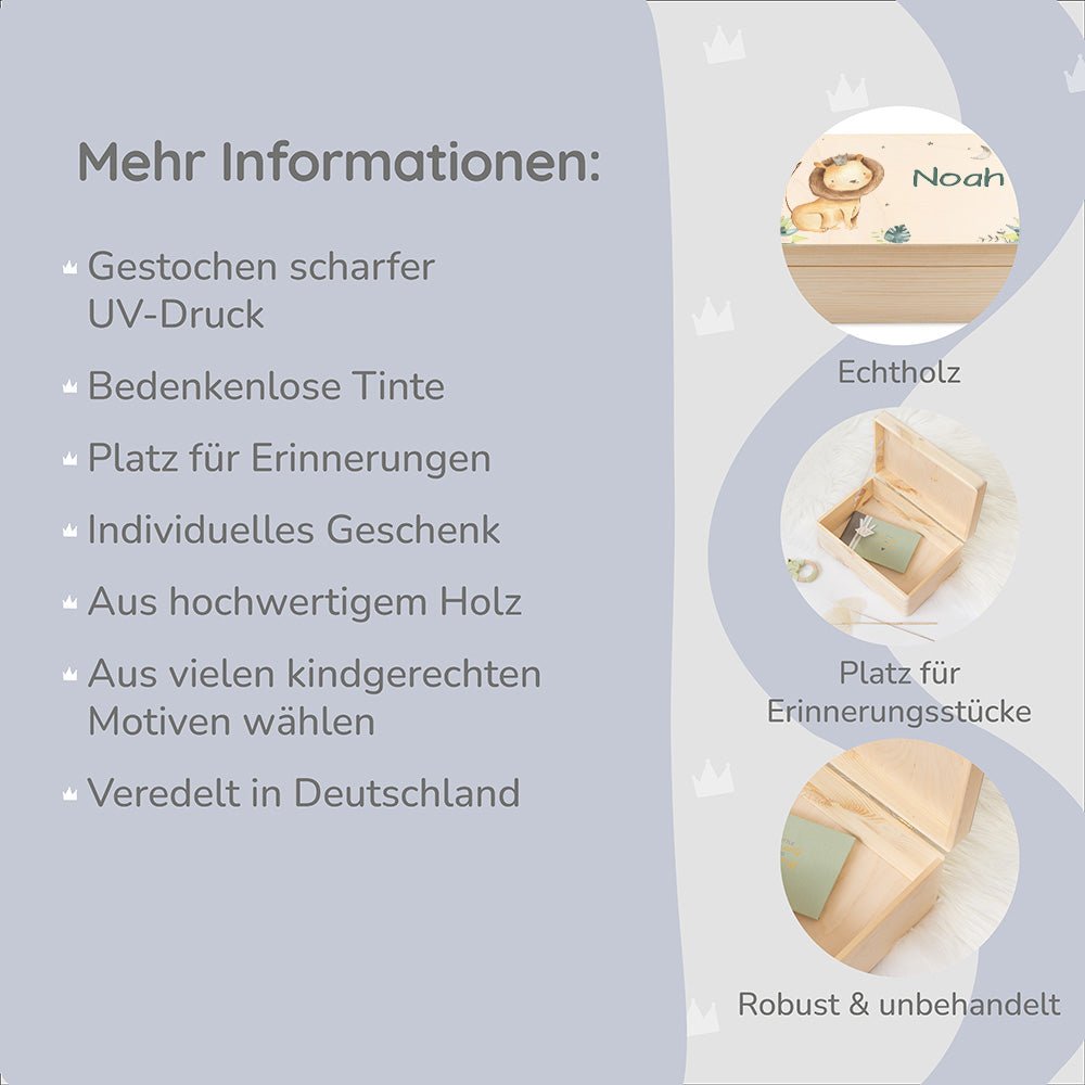 Erinnerungsbox Löwe mit Wunschnamen - Dschungelmotiv - Muckelmeister