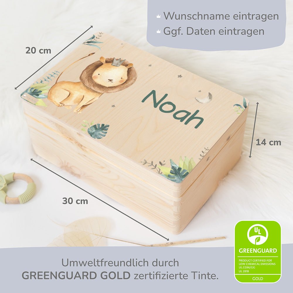 Erinnerungsbox Löwe mit Wunschnamen - Dschungelmotiv - Muckelmeister