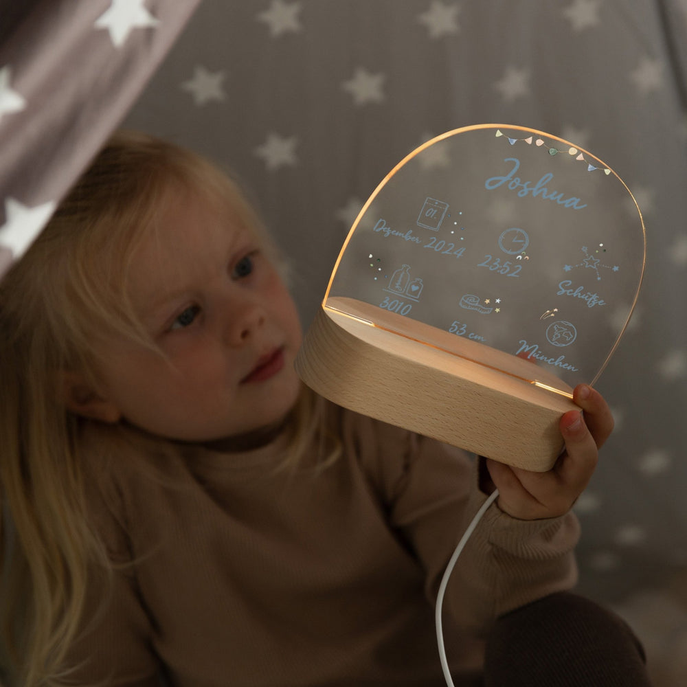 LED Nachtlicht Kinder personalisiert - Geburtsdaten blau - Muckelmeister