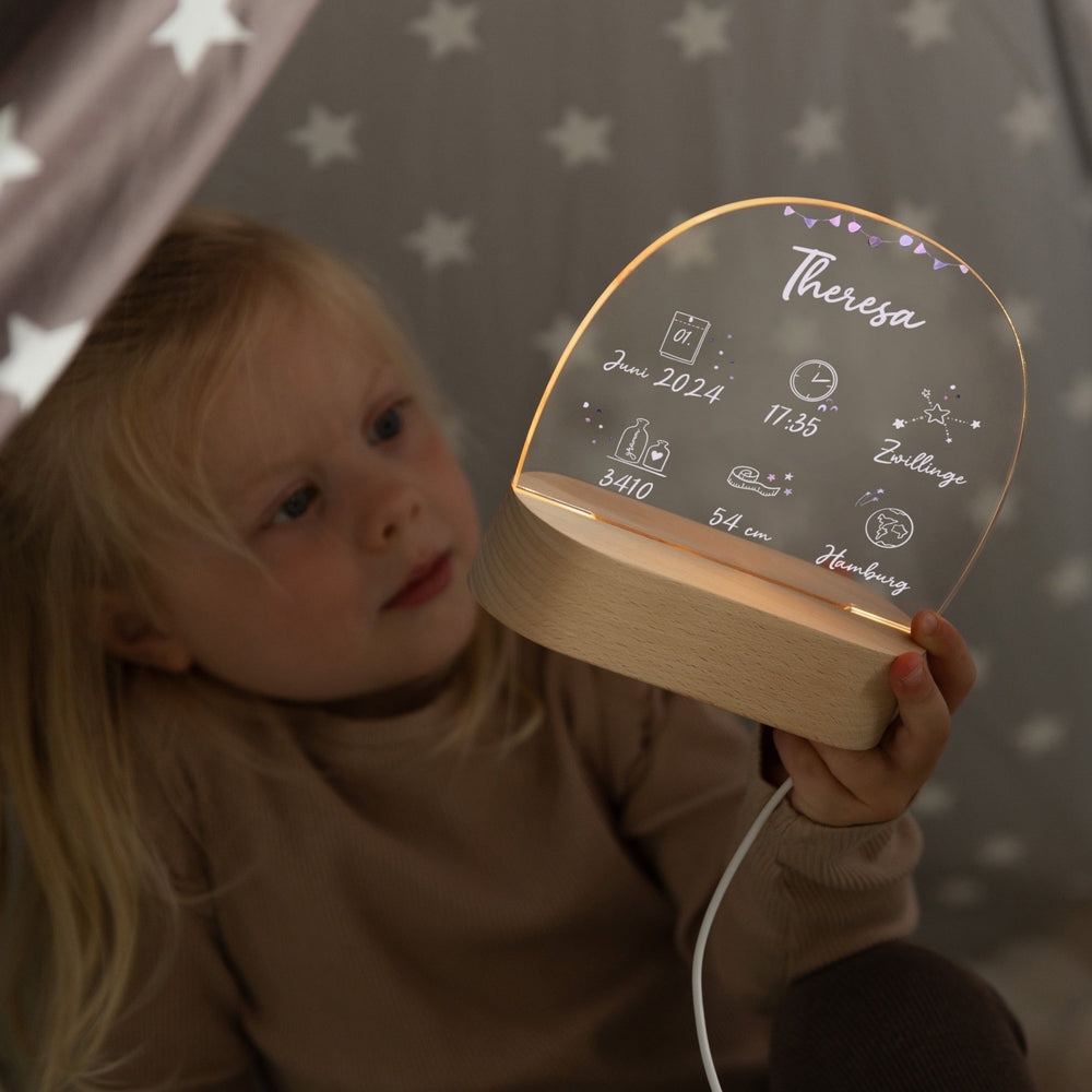 LED Nachtlicht Kinder personalisiert - Geburtsdaten rosa - Muckelmeister