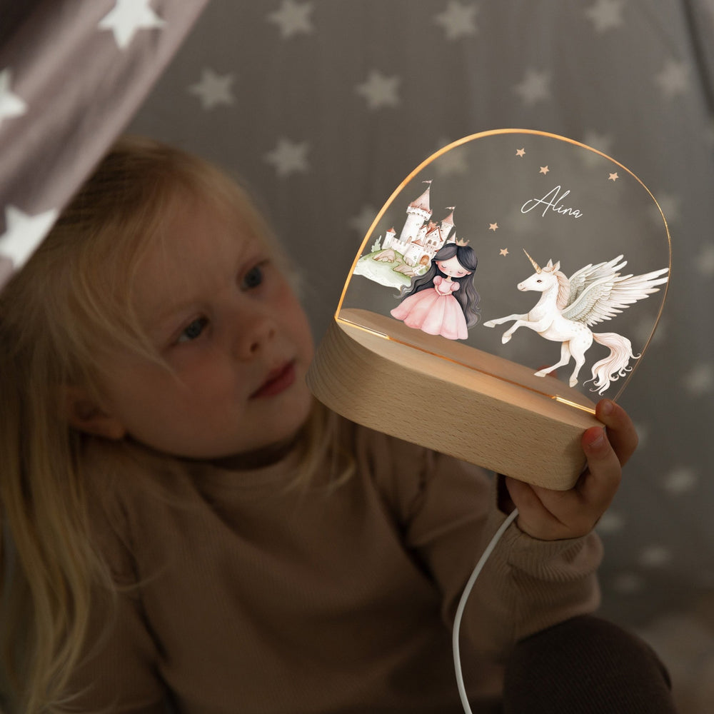 LED Nachtlicht Kinder personalisiert - Prinzessin braun mit Einhorn - Muckelmeister