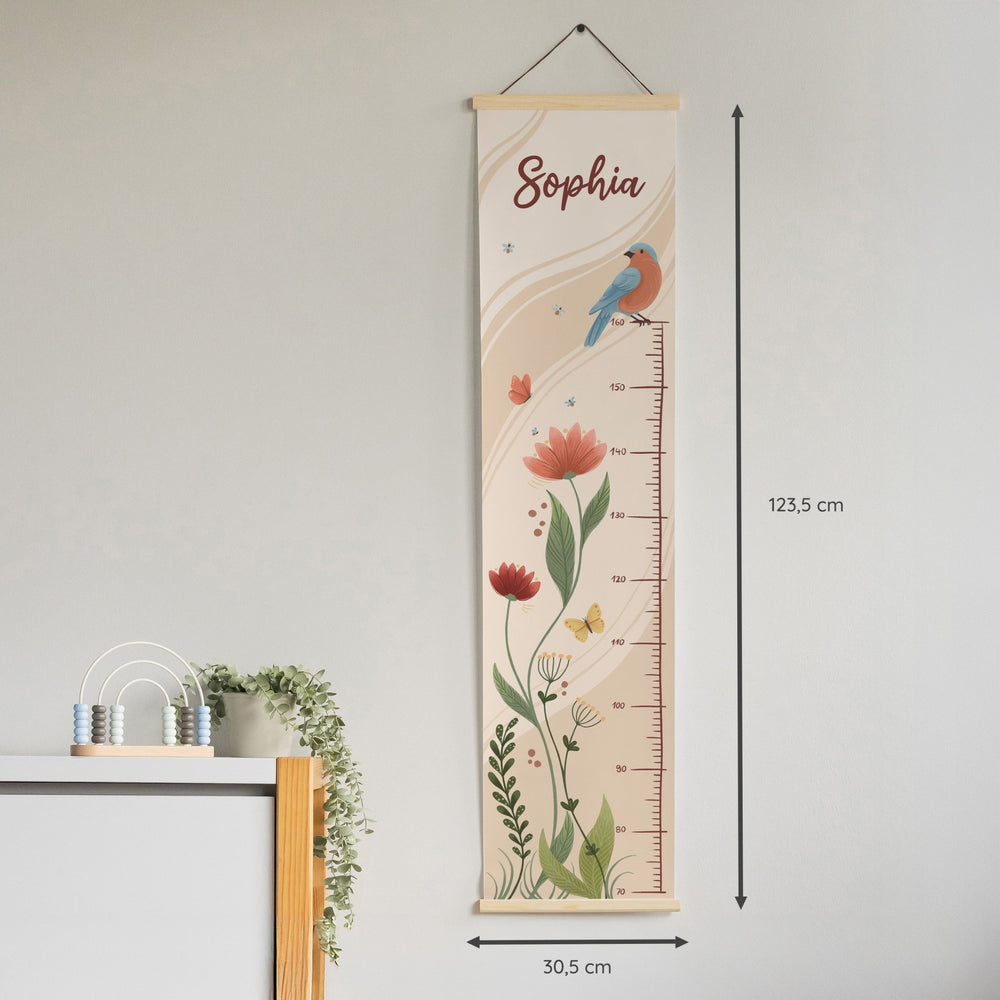 Personalisierte Messlatte zum Hängen - Blumen und Vogel - Muckelmeister
