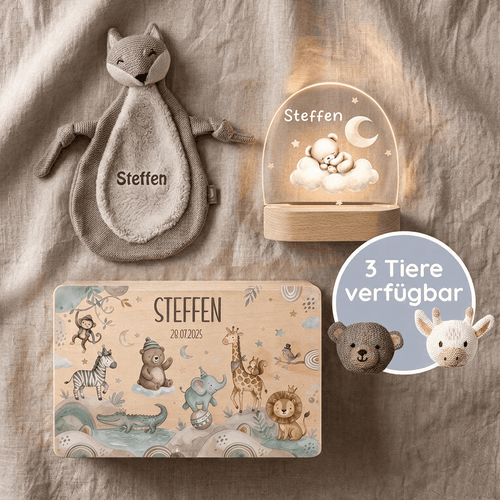 Personalisiertes Set zur Geburt - Erinnerungsbox, Nachtlicht, Schmusetuch