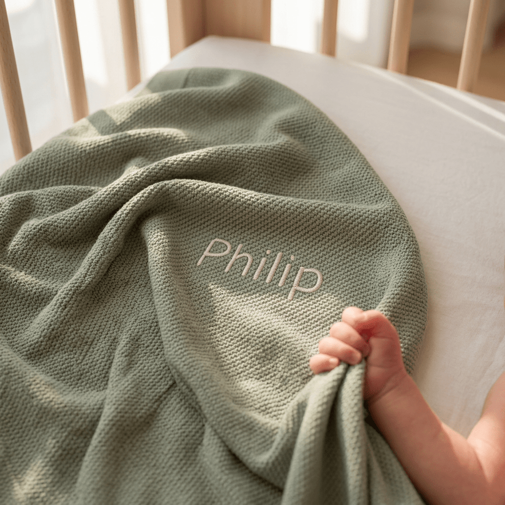Babydecke personalisiert | Gestrickte Kuscheldecke mit Namen | Stick - Muckelmeister