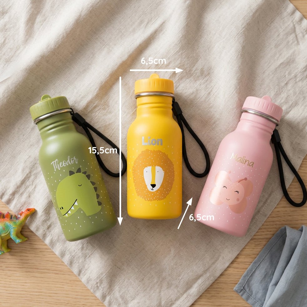 TRIXIE Trinkflasche personalisiert mit Gravur - Löwe, Dino und Schmetterling 350ml - Muckelmeister
