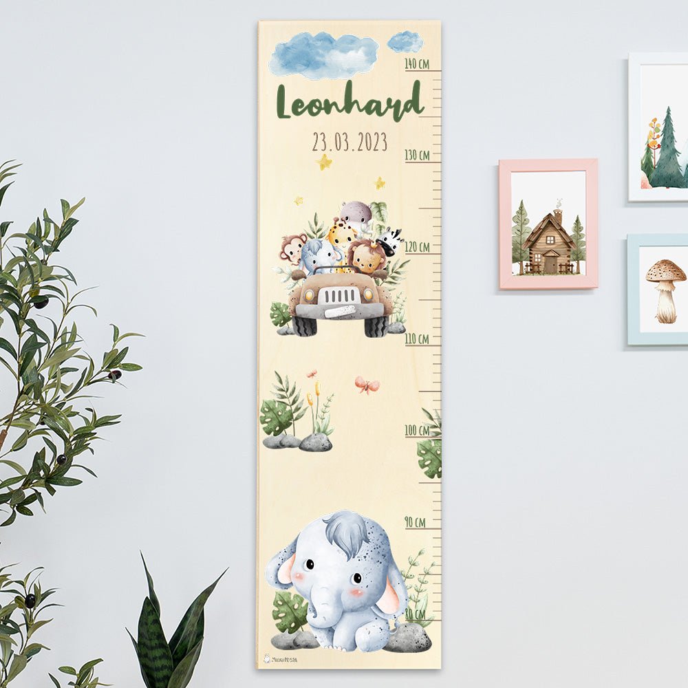 Personalisierte Wachstumsmesslatte Für Kinderzimmer – Tiere Aquarell-Design, 130 Cm, Selbstklebend, Mit Namensaufdruck