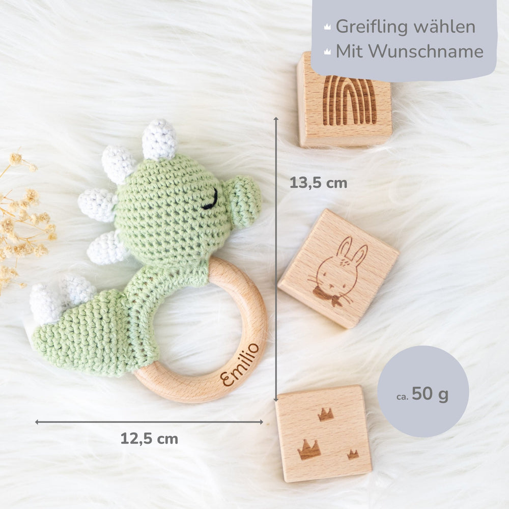 Greifling Baby mit Namen - Dino - Muckelmeister